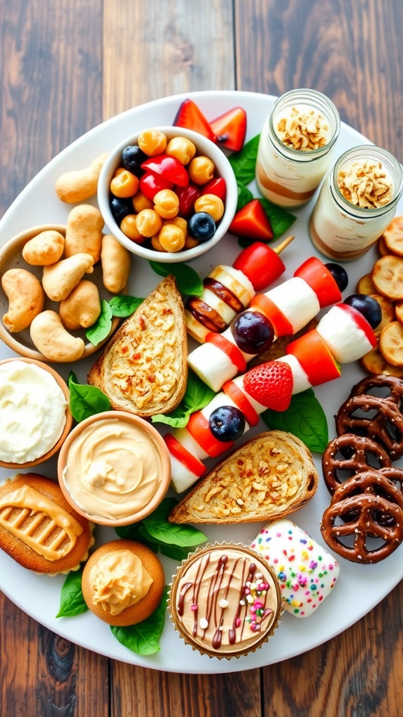 A colorful assortment of easy snacks including roasted chickpeas, yogurt parfaits, caprese skewers, banana toast, hummus cups, and chocolate-dipped pretzels.